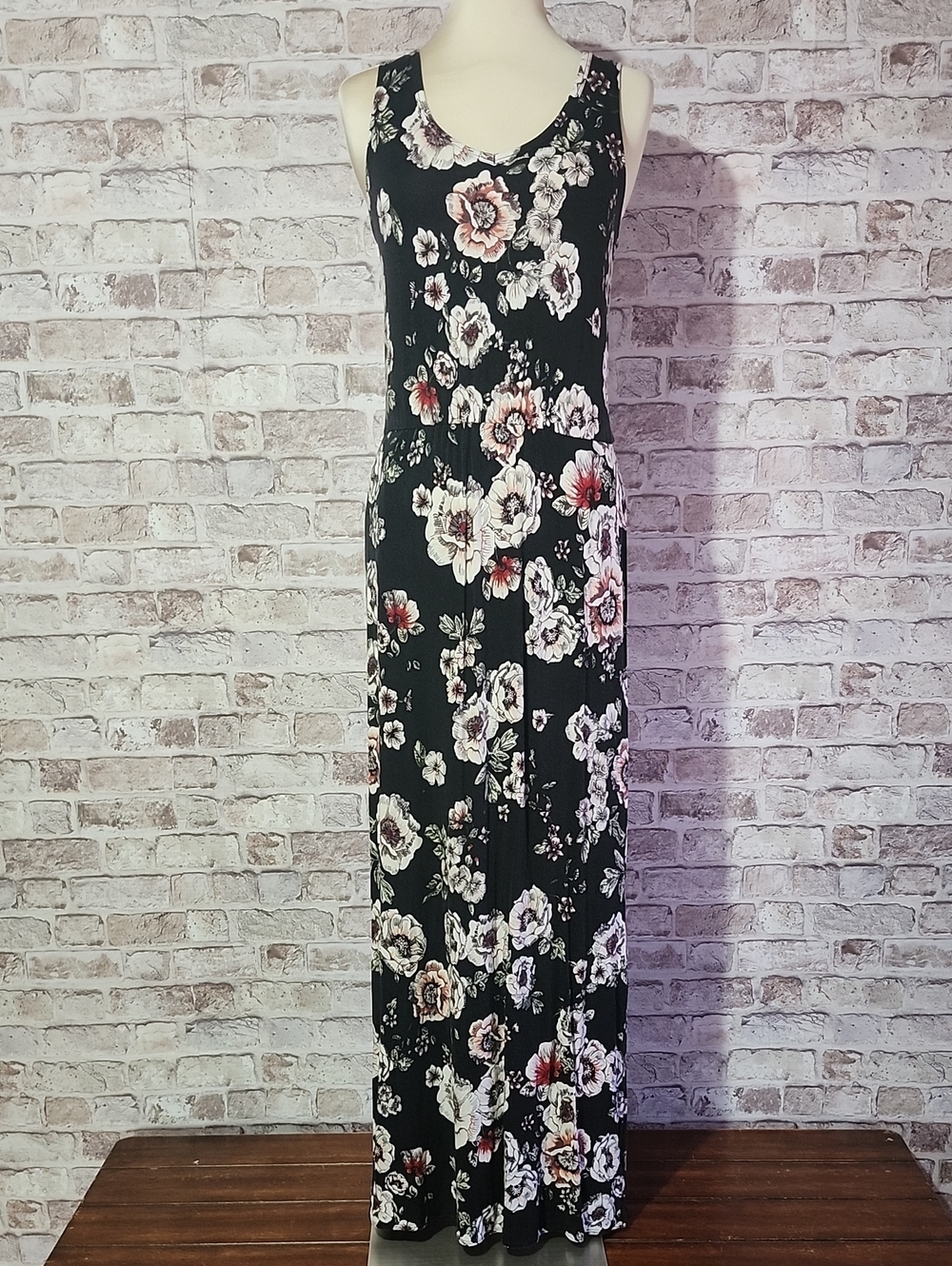 Maurices Black Floral Maxi Dress with Pink and Cream Blooms
